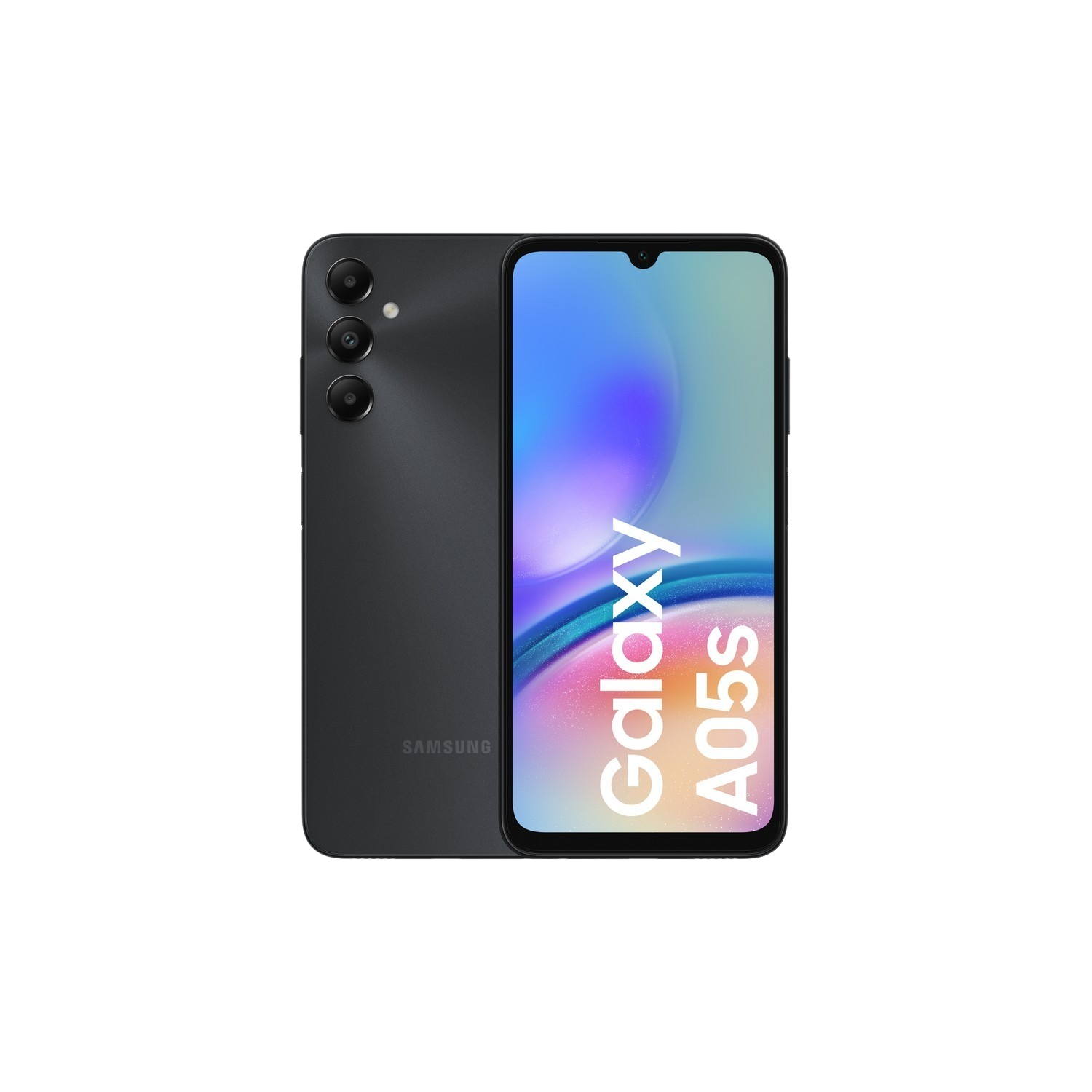 Een zwart-grijze Samsung Galaxy A05s telefoon, met de achterkant en het scherm met Galaxy A05s tekst.