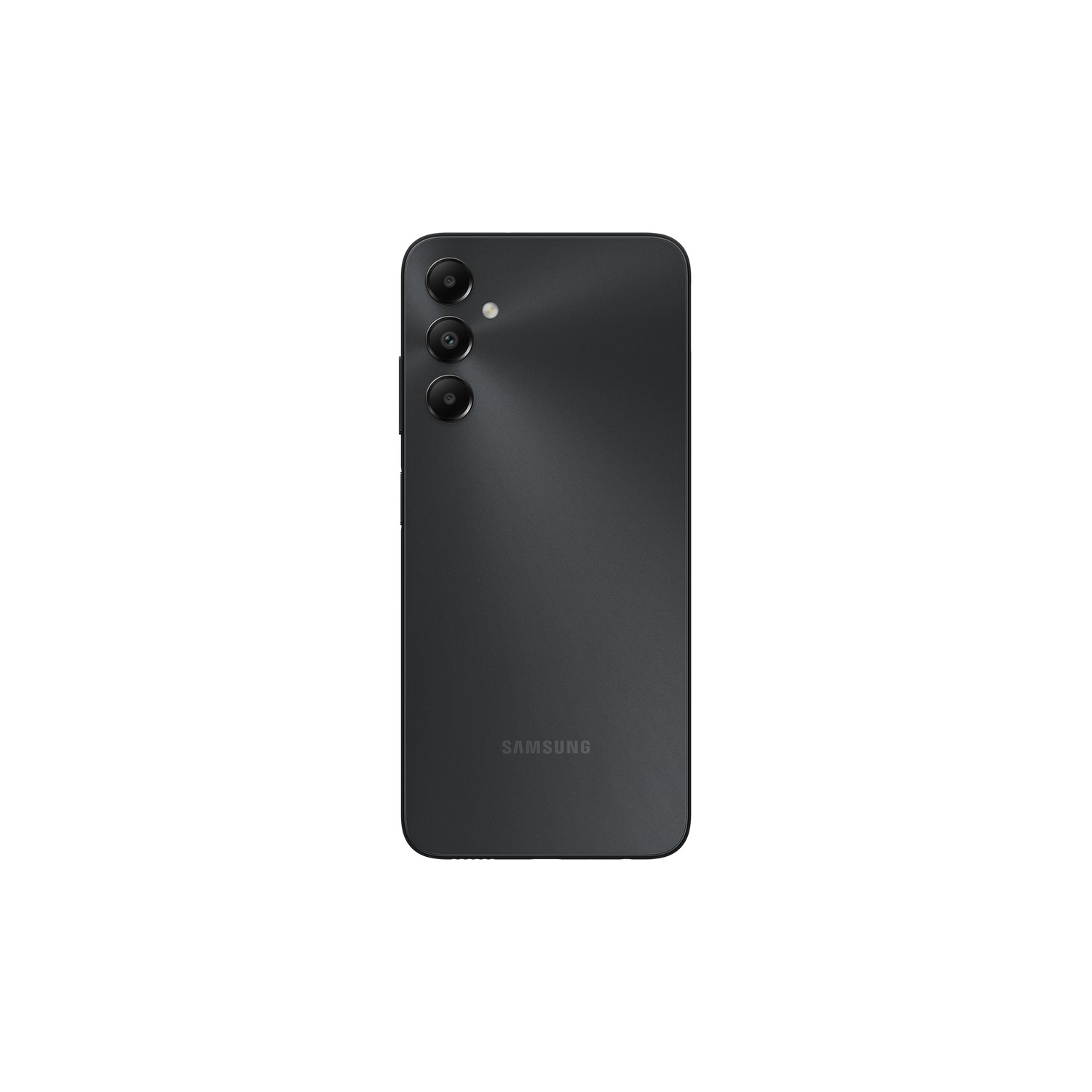Achteraanzicht van een zwarte telefoon met drievoudige cameralenzen. De telefoon staat op een witte achtergrond.