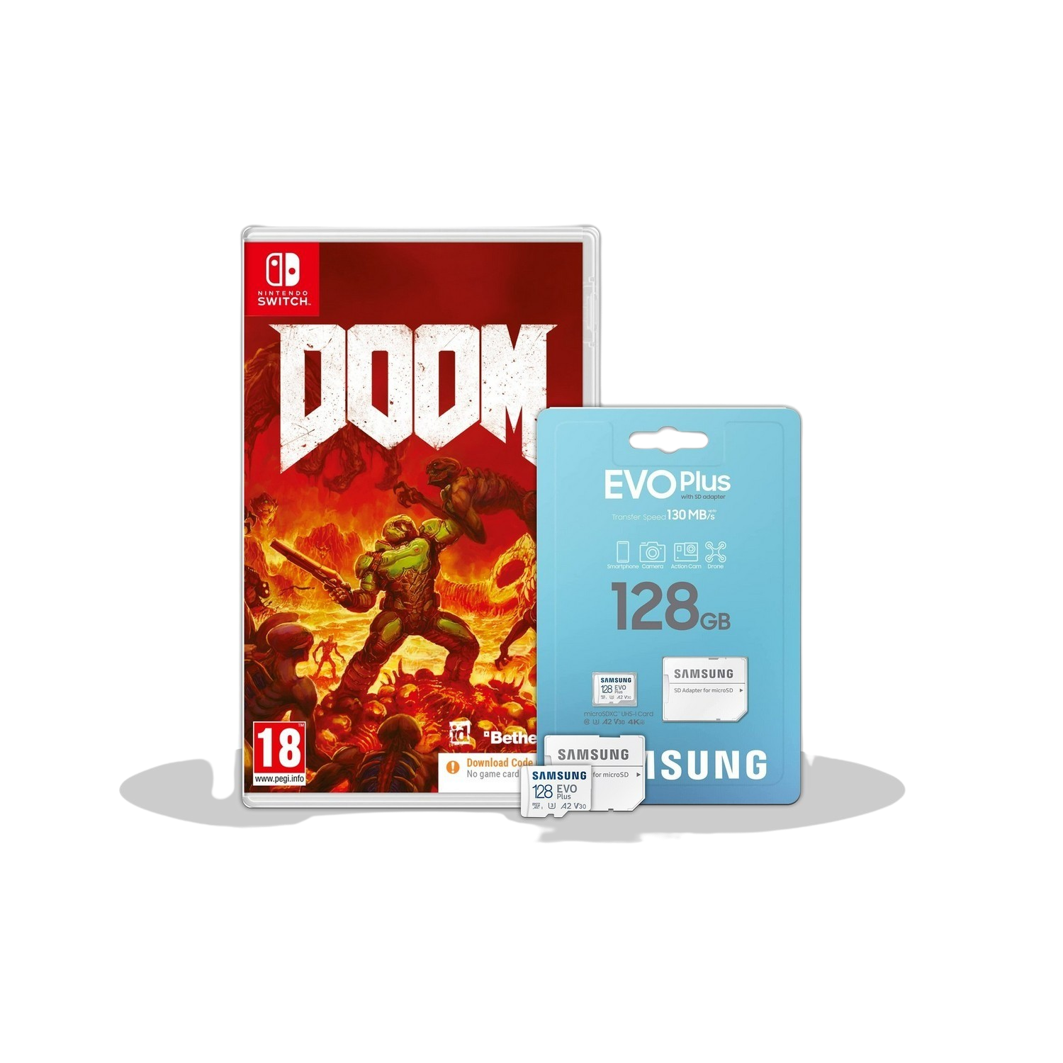 Boîte de jeu Doom Switch et carte SD Samsung EVO Plus 128 Go, sur fond blanc.