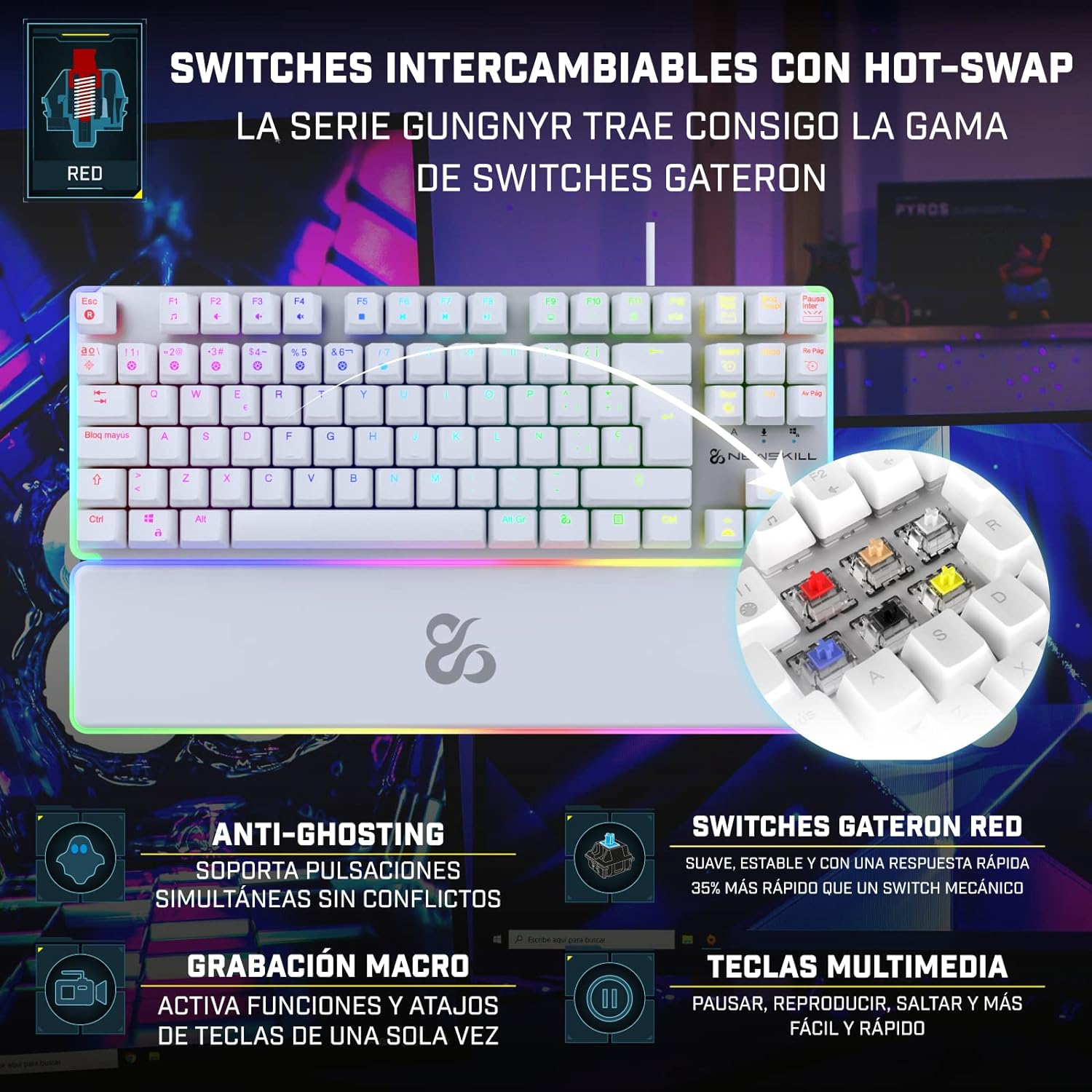 Teclado gaming blanco con teclas macro, interruptores Gateron rojos y teclas multimedia. Varios interruptores a la vista.