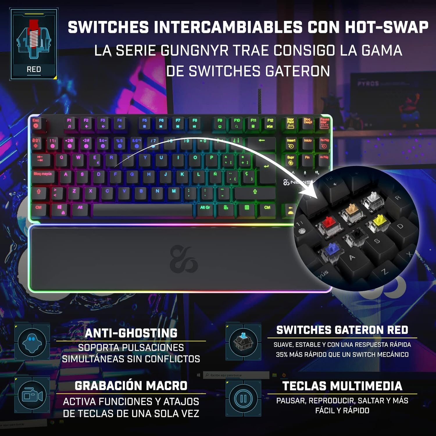 Teclado gaming negro y gris con teclas retroiluminadas.