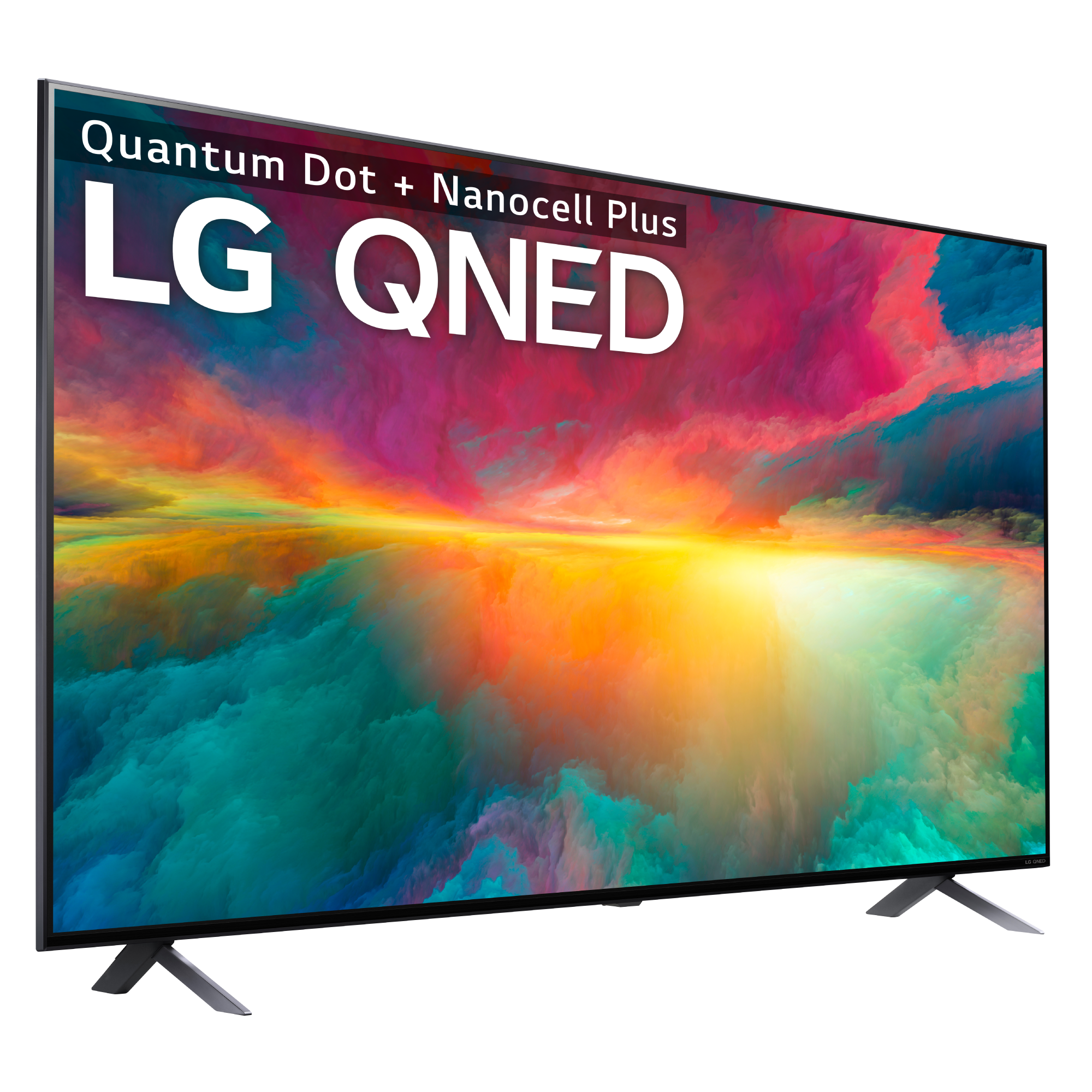 Gran pantalla de TV LG QNED mostrando arte abstracto colorido. Tiene un marco negro.