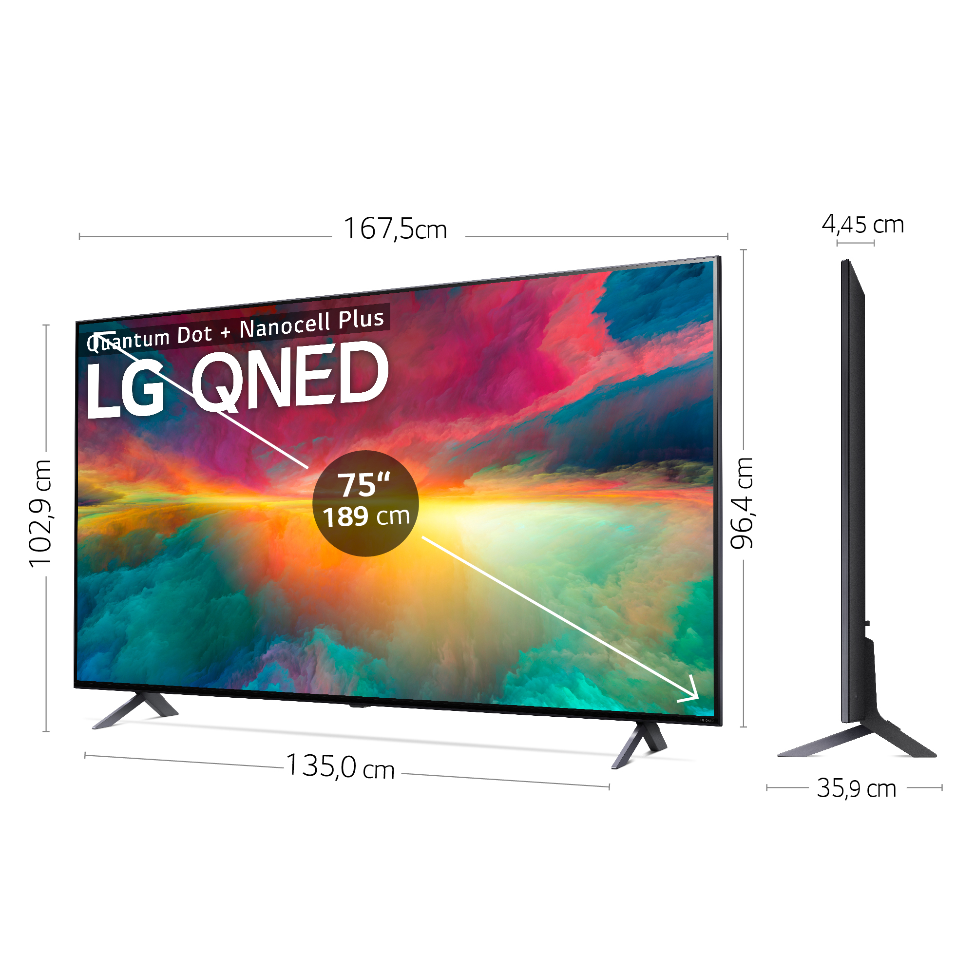Dimensiones de un televisor LG QNED de 75 pulgadas: se muestran medidas de ancho, alto y grosor.
