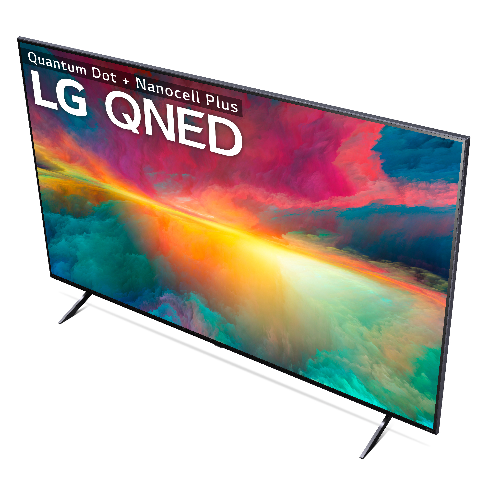 Televisor LG QNED. La pantalla muestra una imagen abstracta colorida. El televisor está sobre un fondo blanco.