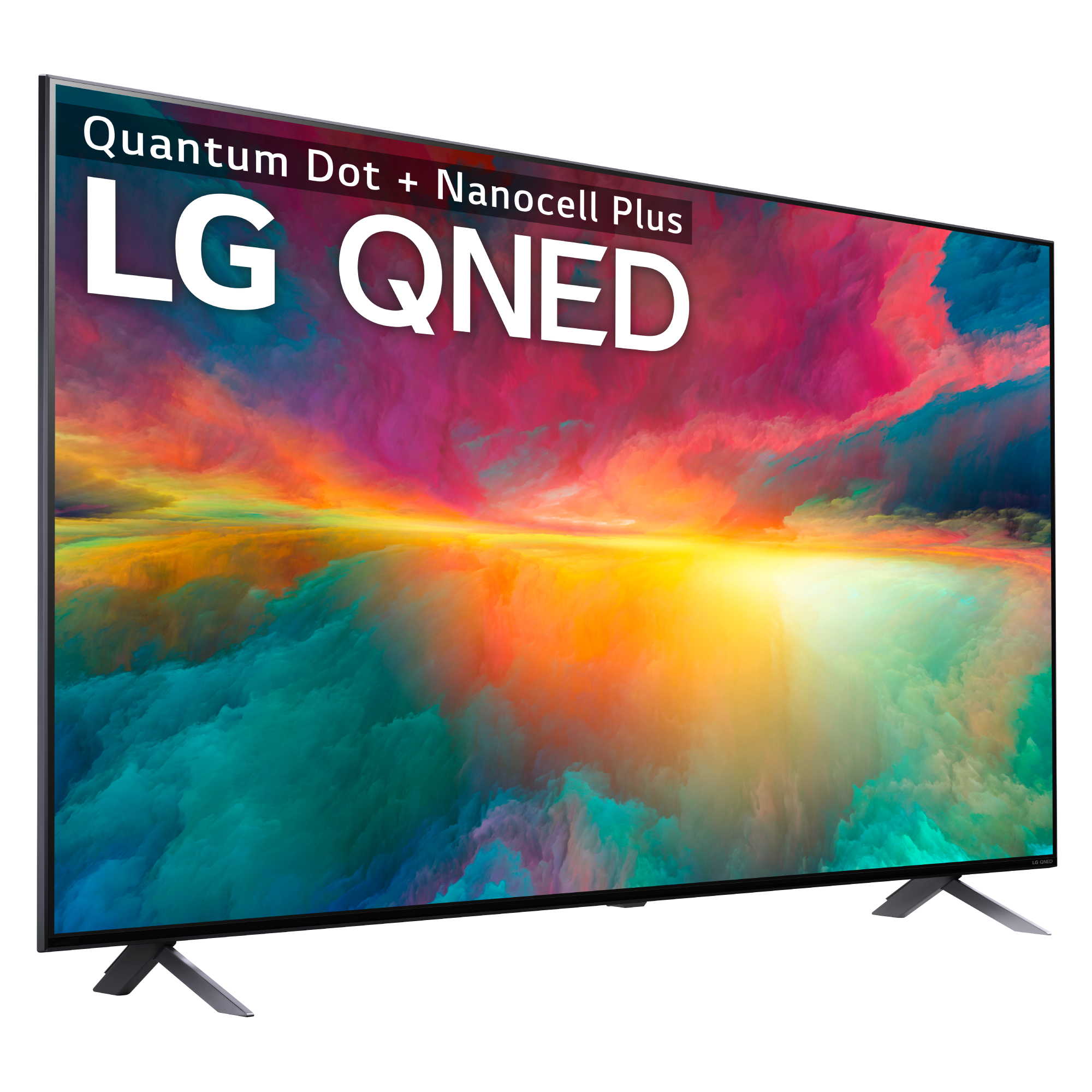 TV LG QNED con fondo abstracto colorido y texto: Quantum Dot + Nanocell Plus.