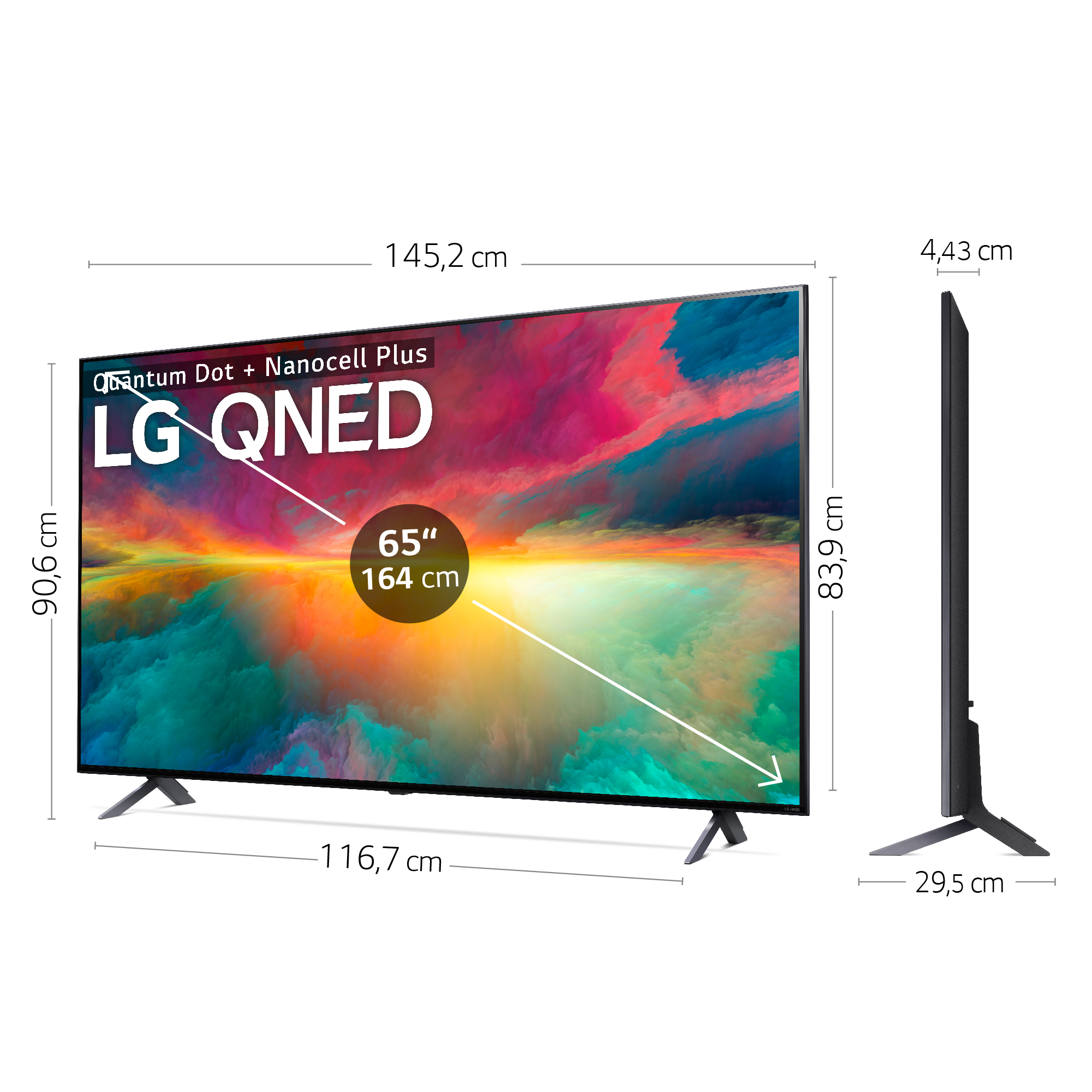 Pantalla de TV con dimensiones. El televisor está sobre un soporte. La vista lateral muestra el grosor.