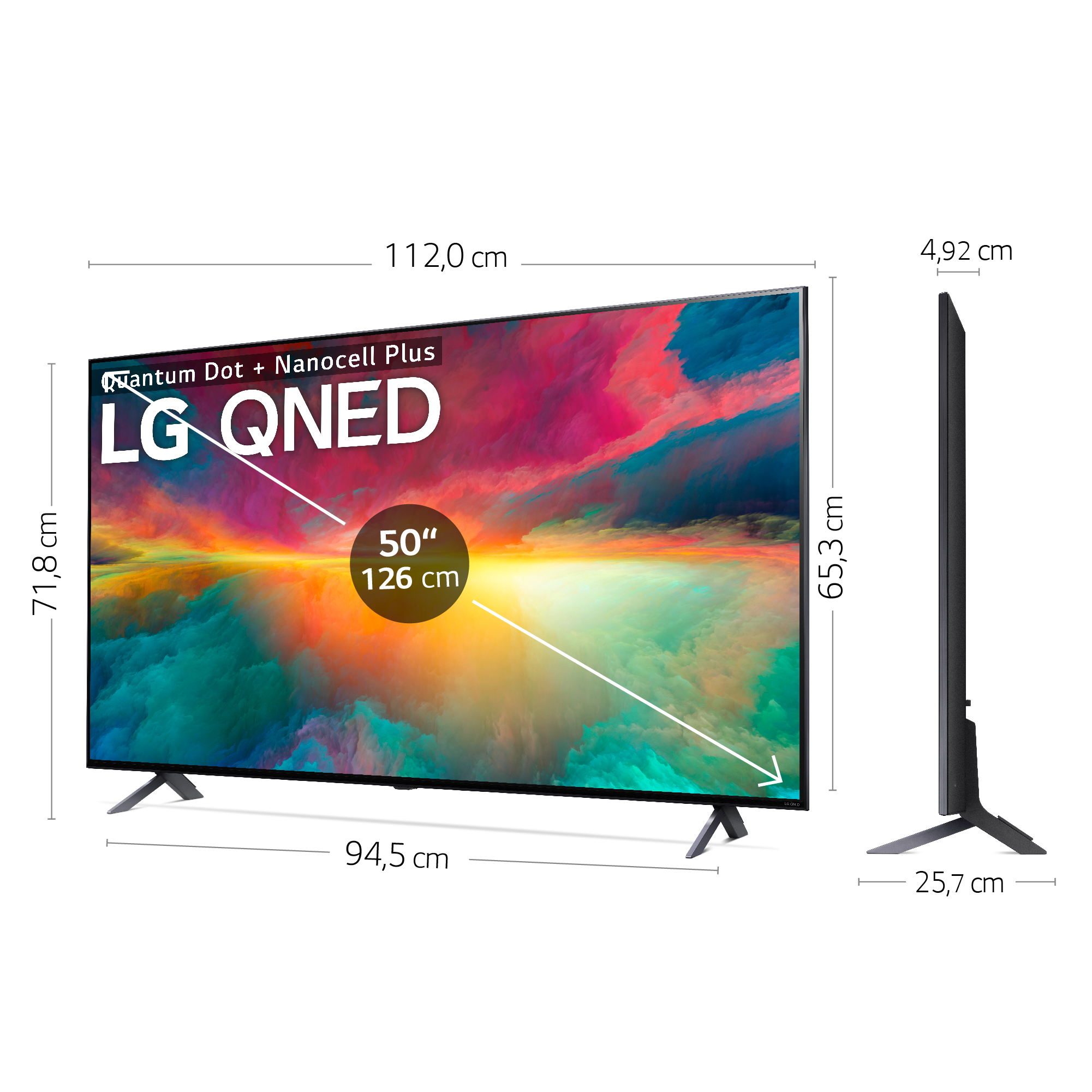TV LG QNED, dimensiones mostradas. Marco y soporte negros. Imagen colorida en pantalla.