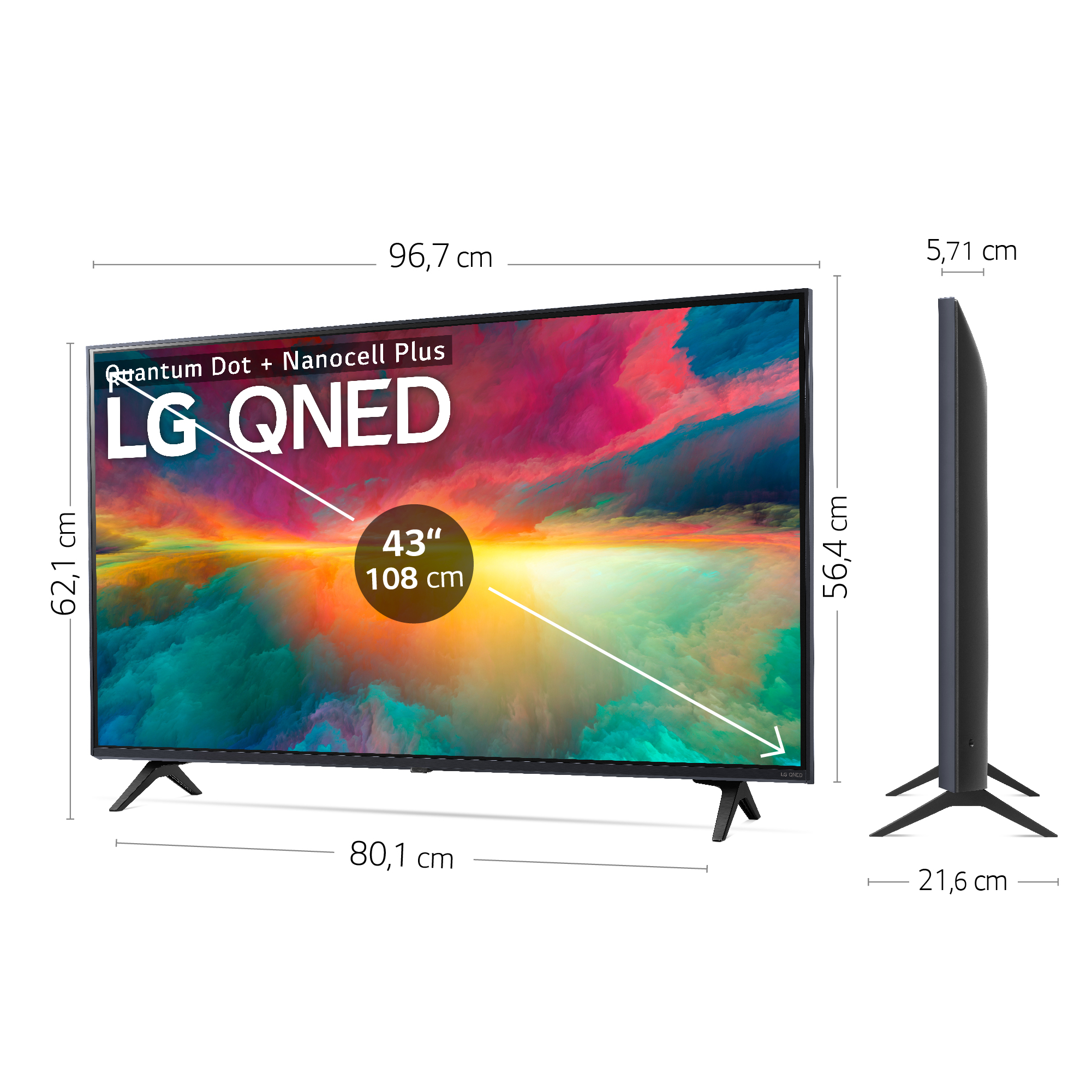 TV LG QNED de 43 pulgadas, dimensiones mostradas con fondo colorido.