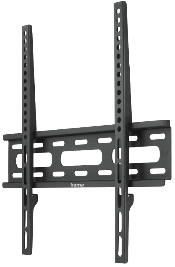 Un soporte de pared para TV negro. Tiene rieles verticales y soportes horizontales. La marca 'hama' es visible.