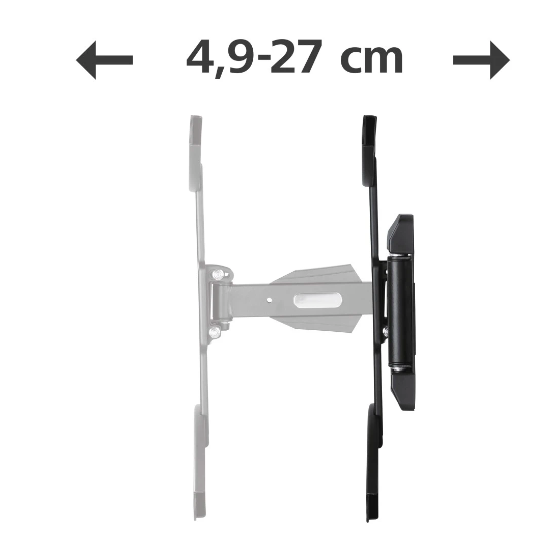 Un soporte de montaje en pared, que muestra el rango de ajuste. Tiene un esquema de color negro y gris.