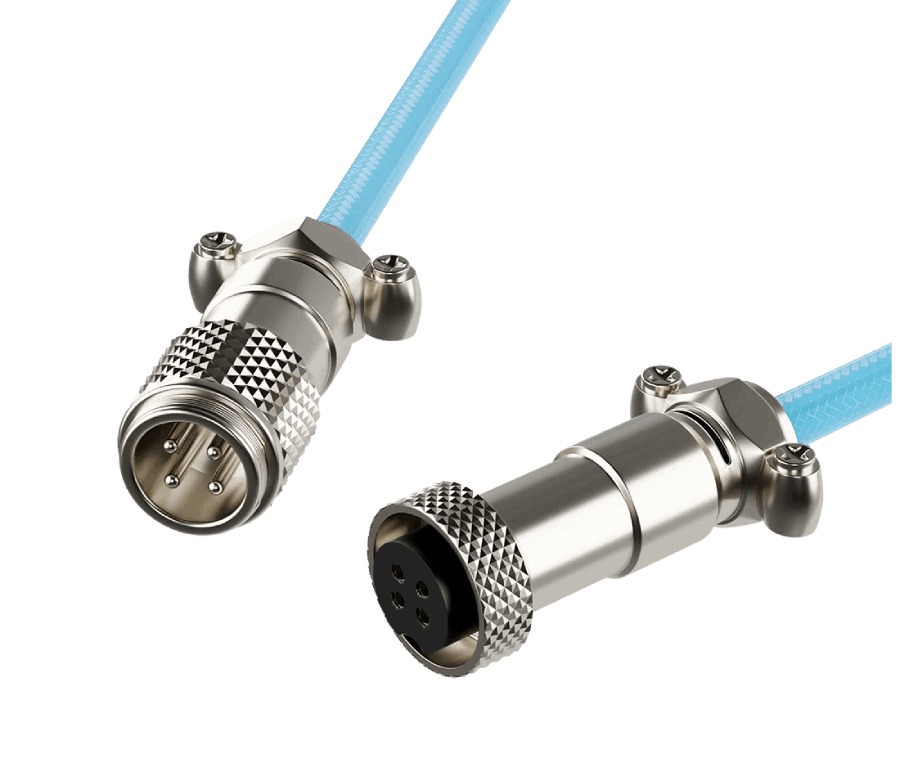 Primer plano de dos conectores metálicos con pines y fijaciones de tornillo, cable azul visible.