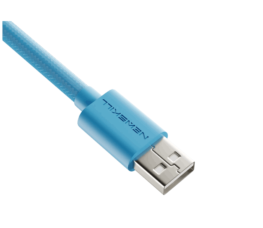 Un cable USB azul con textura trenzada y un conector USB-A.