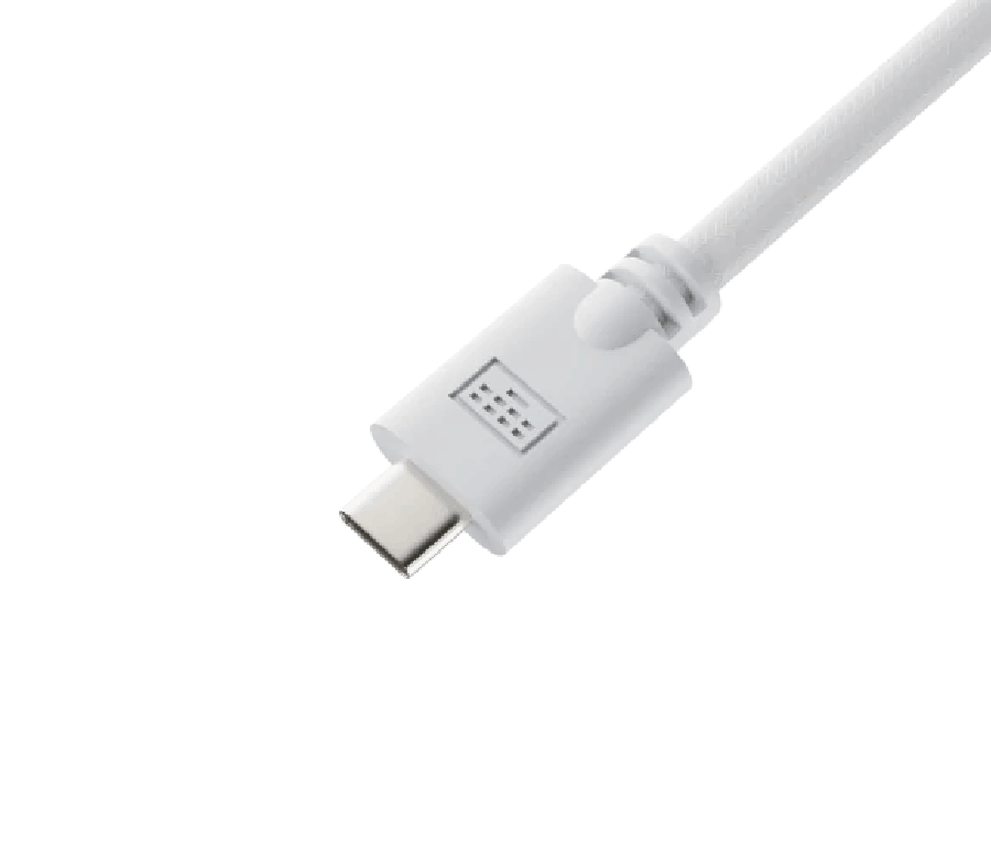 Cable USB-C blanco con un conector blanco. El conector tiene unos pequeños cuadrados.