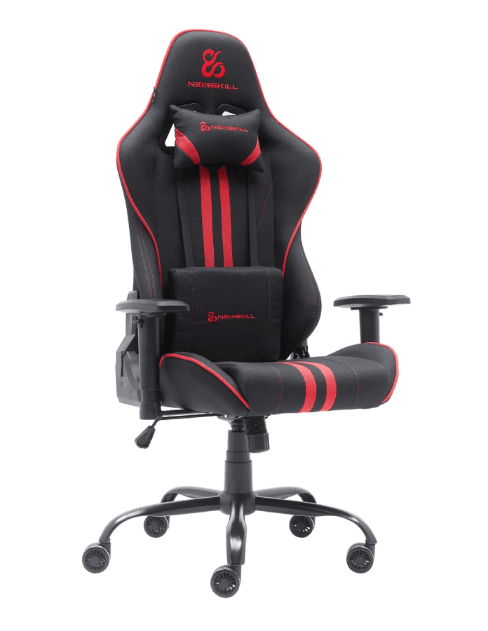 Silla gaming negra y roja con rayas rojas y reposacabezas. Base negra con ruedas.