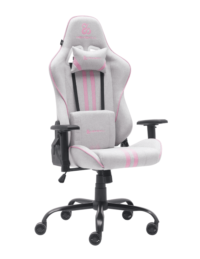 Silla gaming con detalles grises y rosas. Reposacabezas, soporte lumbar y reposabrazos.