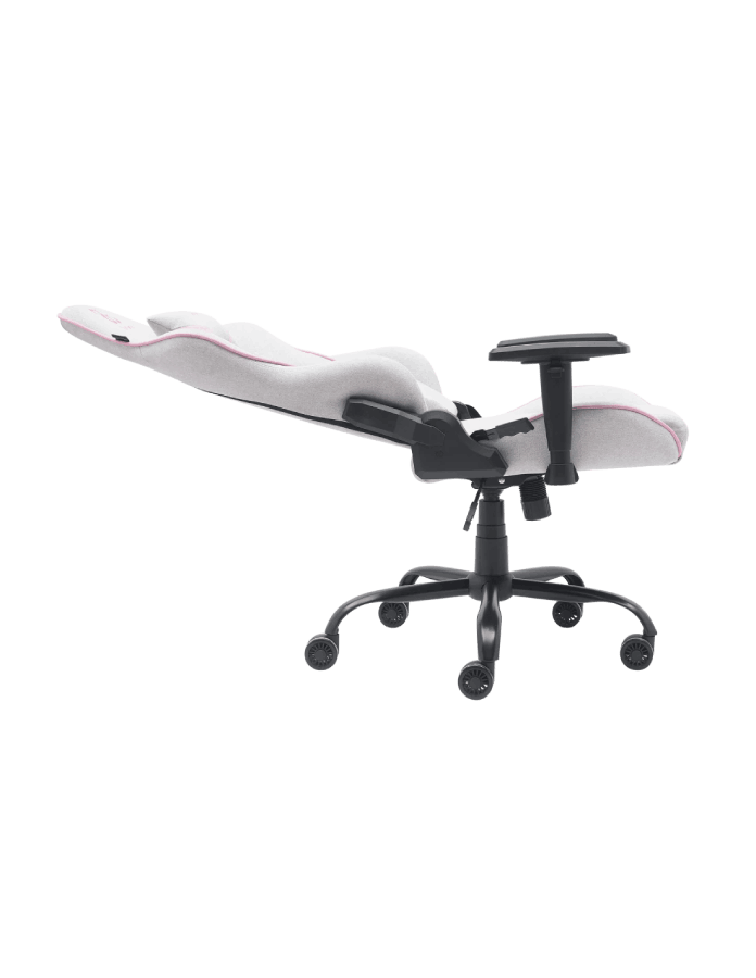 Silla gamer con asiento blanco y estructura negra. La silla está vacía.