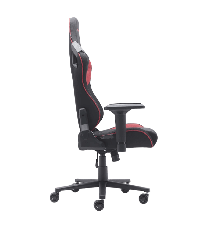 Silla gaming, vista lateral. Negro con detalles rojos, mostrando reposabrazos y detalles del respaldo.