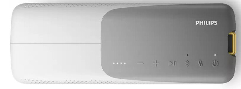 Biało-szary głośnik z przyciskami sterowania i logo PHILIPS. Widok z góry.