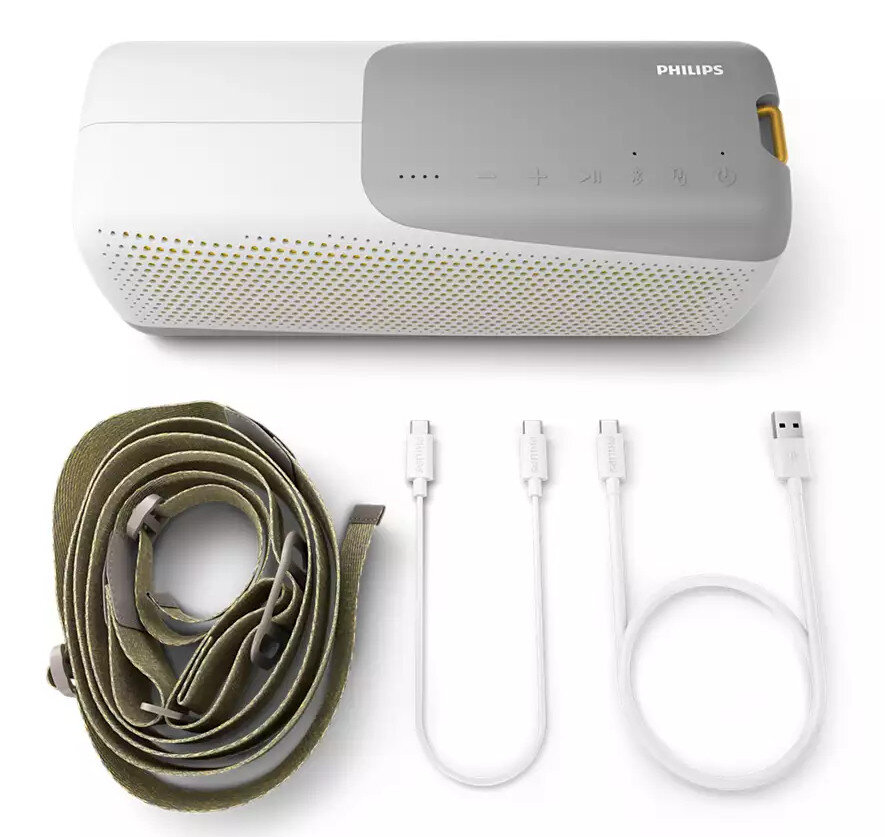 Biało-szary głośnik z akcesoriami: paskiem i 3 białymi kablami USB.