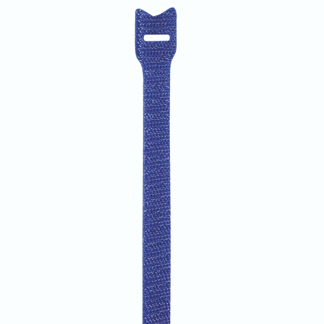 Ein einzelner, blauer Kabelbinder mit strukturierter Oberfläche und einem Loch am Ende.