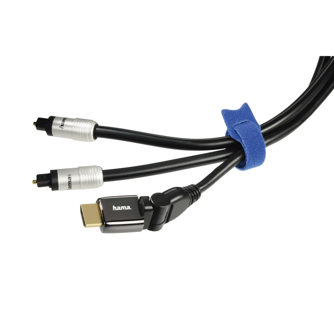 Schwarze Audiokabel mit silbernen Steckern werden durch einen blauen Klettverschluss verbunden.