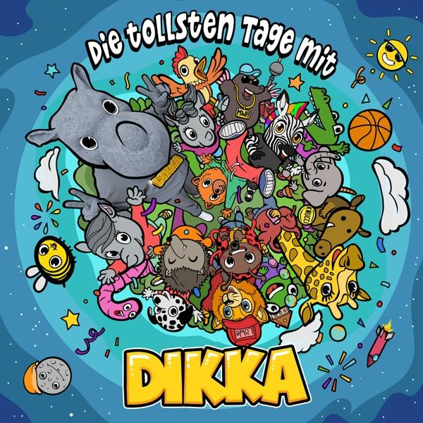 Bunte Cartoon-Illustration. Kreis gefüllt mit Zeichentieren und den Worten "Die tollsten Tage mit DIKKA".