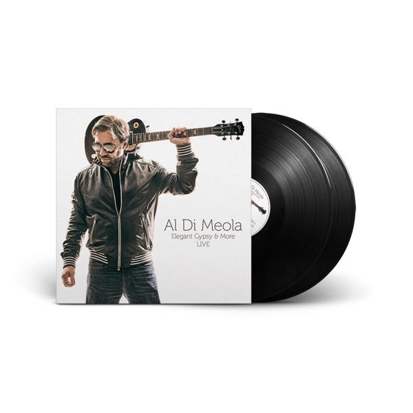 Album borító Al Di Meolával, gitárral. Jobbra egy bakelit lemez.