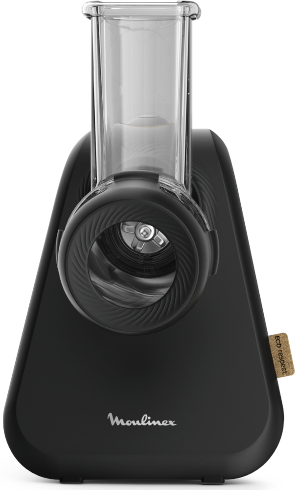 Robot culinaire Moulinex noir. Possède un tube transparent sur le dessus et une base noire.