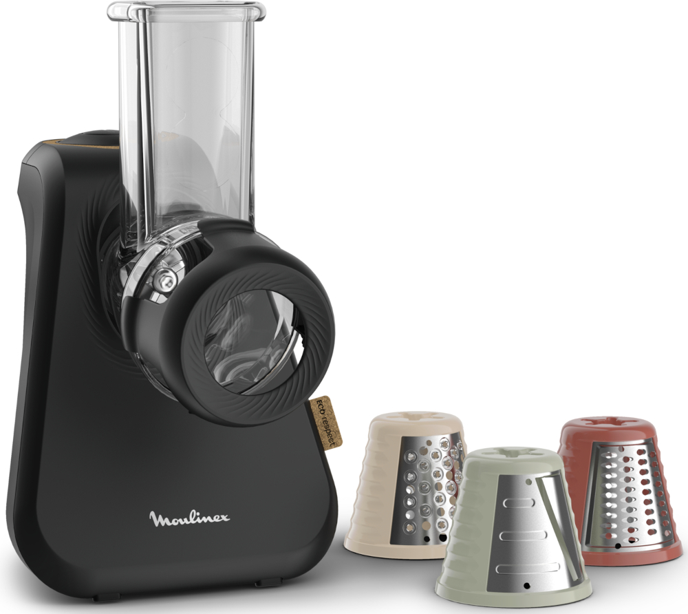 Robot culinaire noir avec trois râpes colorées. Le robot est noir, a une partie transparente.