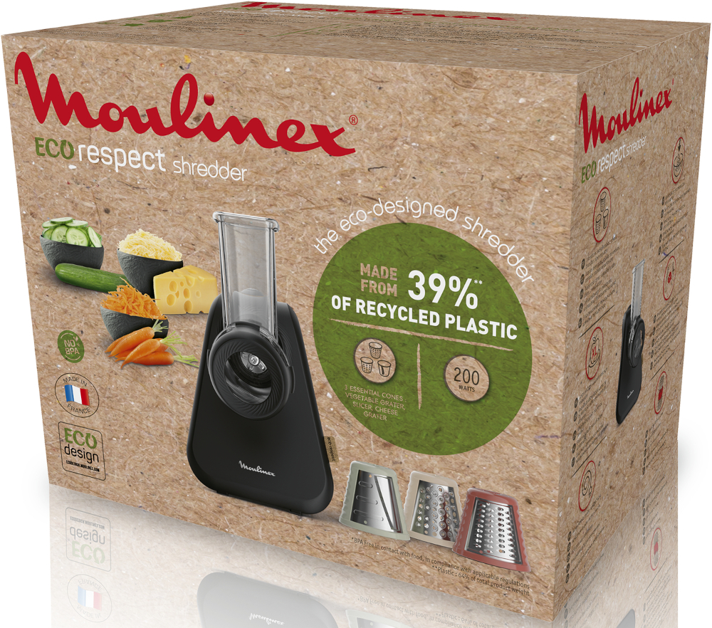 Une boîte en carton d'un hachoir à légumes Moulinex, avec produit et accessoires visibles.