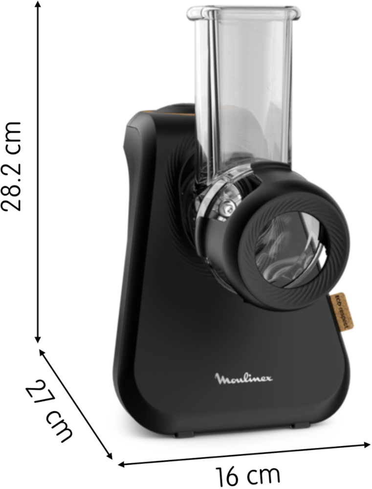 Robot culinaire noir avec dimensions 28,2 cm, 27 cm et 16 cm.