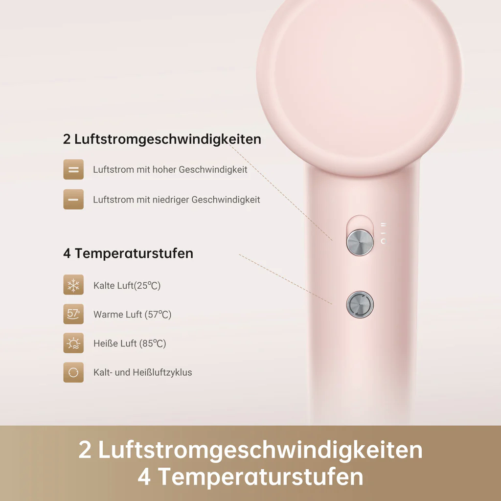 Ein pinkfarbener Haartrockner mit Knöpfen. Anweisungen und Diagramme mit Beschreibungen von Einstellungen und Geschwindigkeiten.
