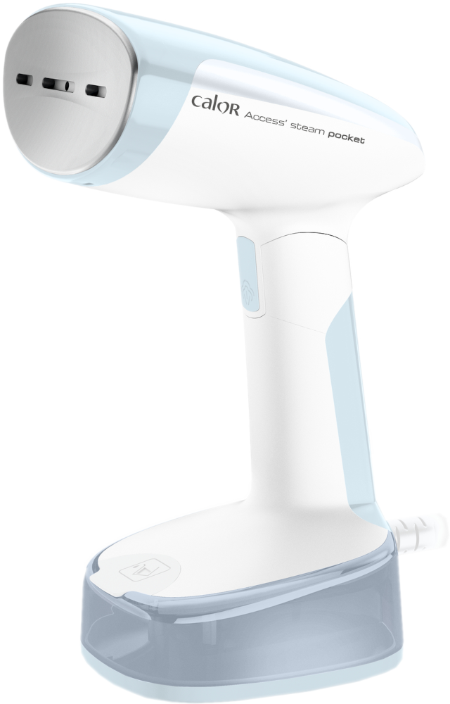 Een wit en blauw stoomstrijkijzer met het label 'Calor Access' steam pocket'. Het heeft een watertank en meerdere stoomgaten.