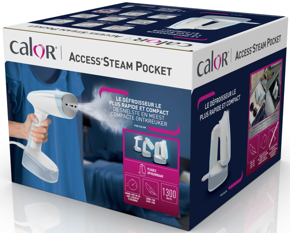 Een doos voor een Calor Access'Steam Pocket. Een handstomer in gebruik, met stoom. Tekst in het Frans, Nederlands. De doos toont ook een stomer.