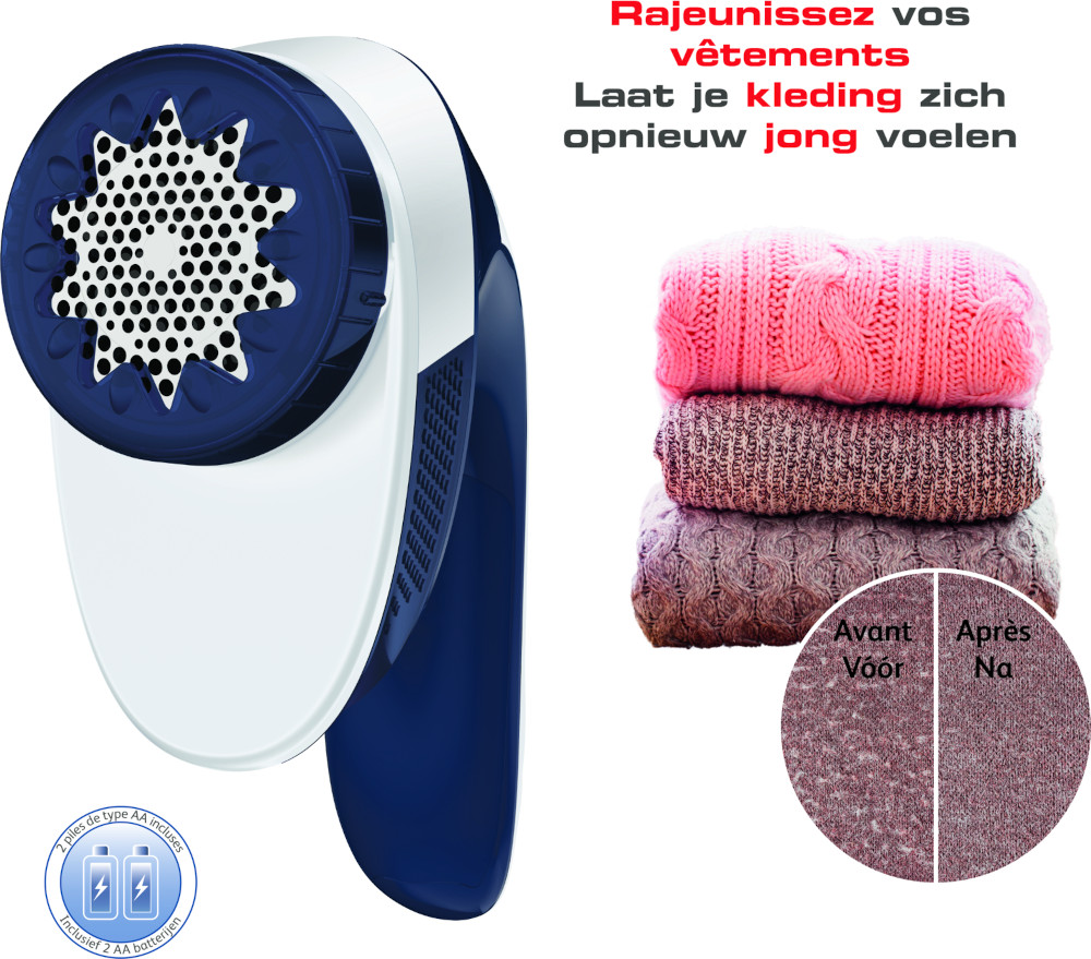Kledingscheerapparaat met kleding en voor/na vergelijking.