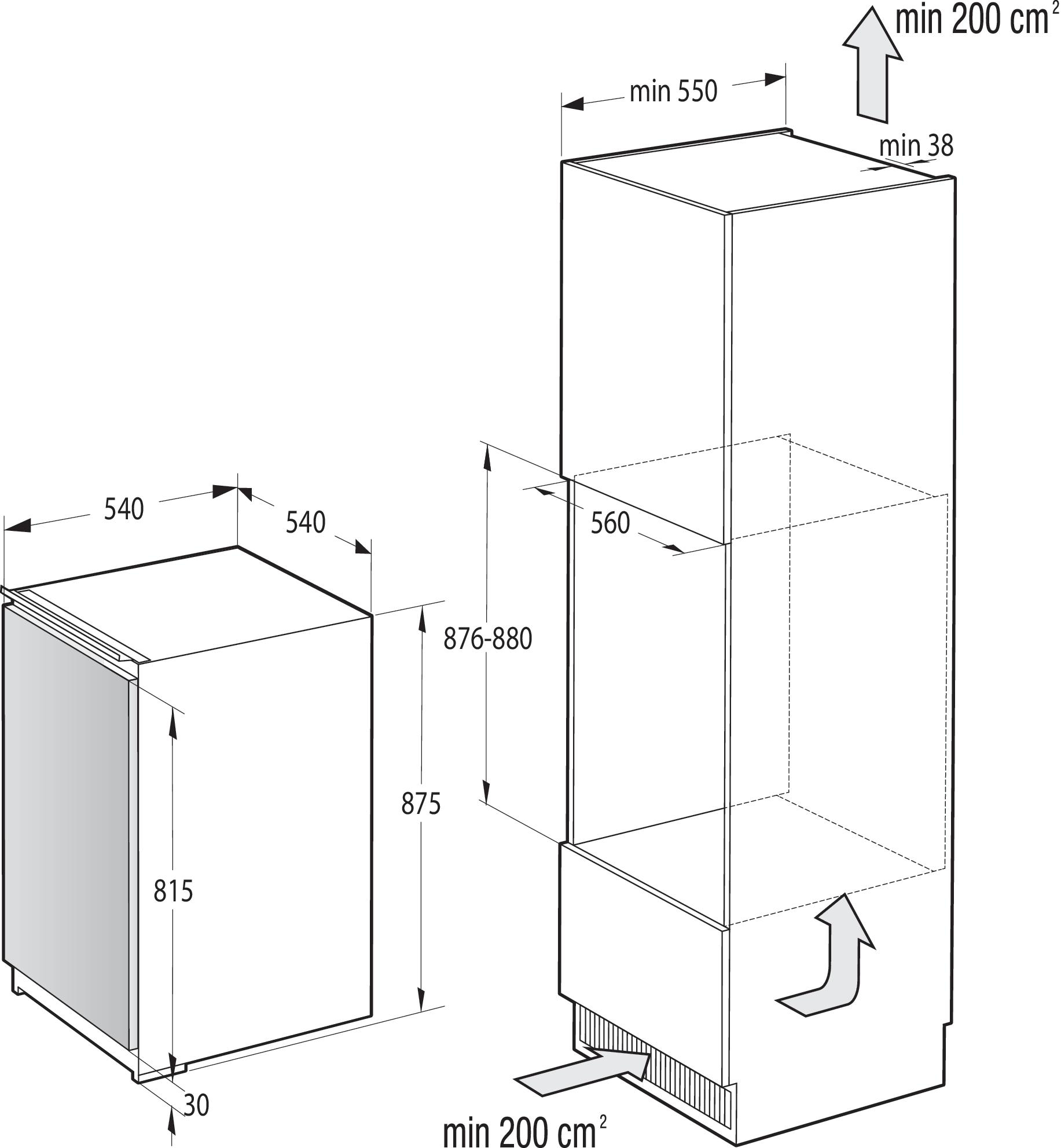 Diagramm eines Einbaukühlschranks, mit Abmessungen und Pfeilen.