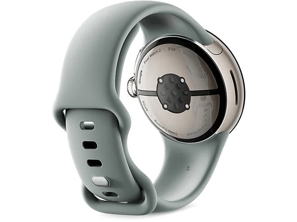 Vista trasera de un Google Pixel Watch 2 gris con una correa gris.
