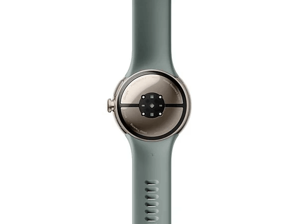 La parte inferior de un Pixel Watch verde azulado con un sensor de frecuencia cardíaca y una correa.