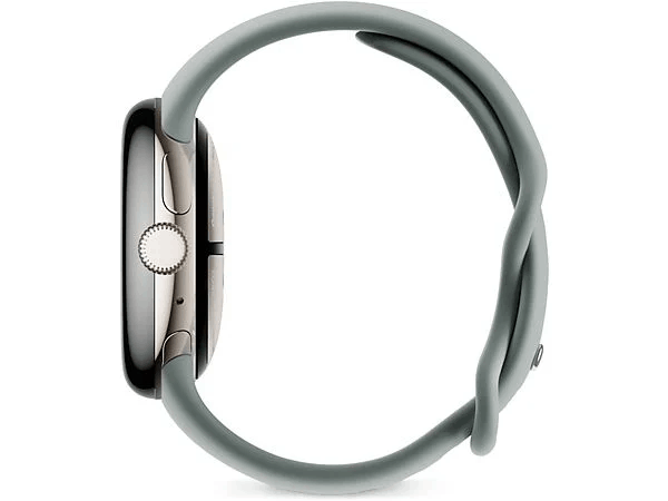 Reloj inteligente plateado con una correa gris.