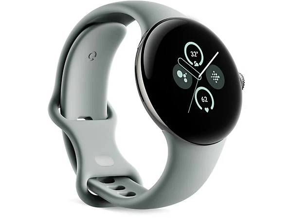 Un Pixel Watch gris con una correa gris, que muestra la hora, la frecuencia cardíaca y la actividad.