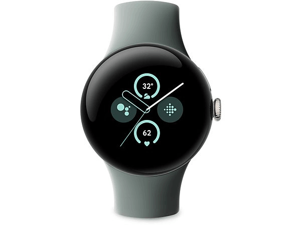 Reloj inteligente, esfera redonda, correa gris, con iconos.