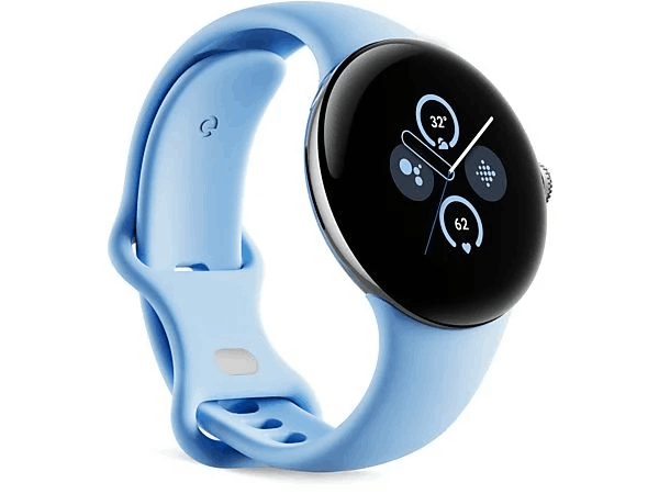 Reloj inteligente azul con esfera negra redonda y correa azul.