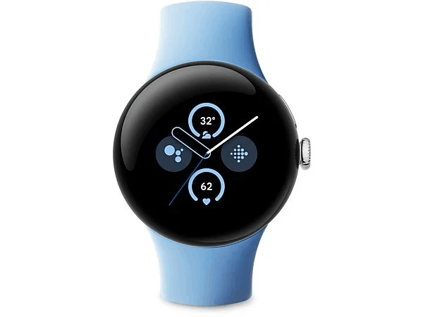 Un reloj inteligente negro con una pantalla redonda y una correa azul se muestra.