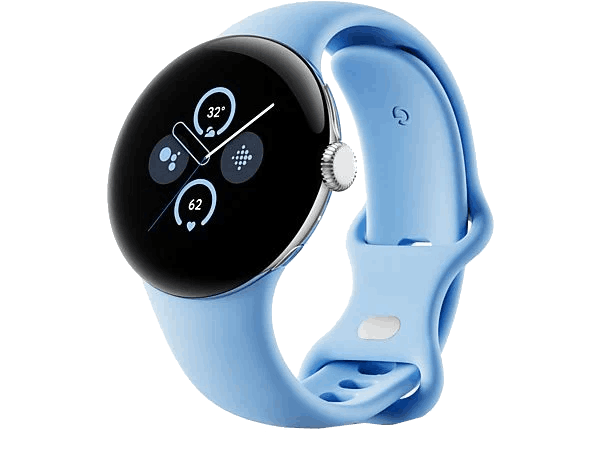 Smartwatch azul con pantalla redonda, mostrando hora y métricas de salud, y correa azul.