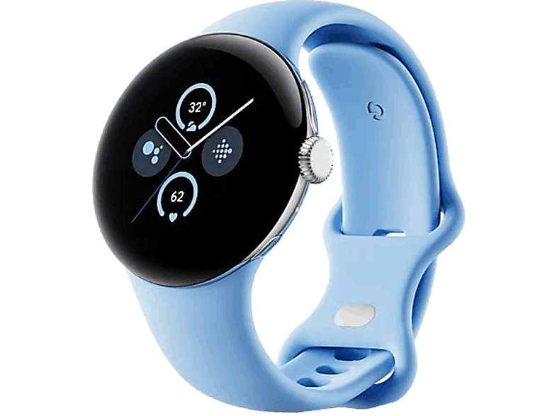 Smartwatch - Google Pixel Watch 2, 41 mm AMOLED, GPS, Android, Caja aluminio plata pulida, Correa deportiva azul celeste