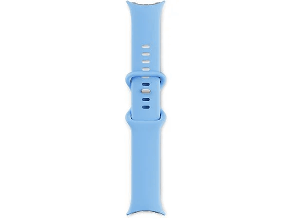 Correa de reloj azul claro. La correa es de silicona. La correa está sobre un fondo blanco.