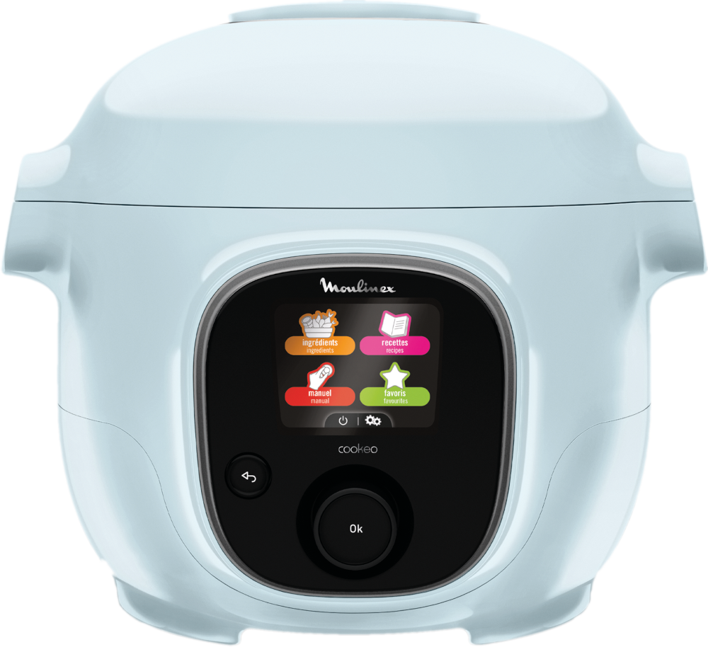 Een lichtblauwe Moulinex Cookeo multicooker met een scherm met menu-opties.
