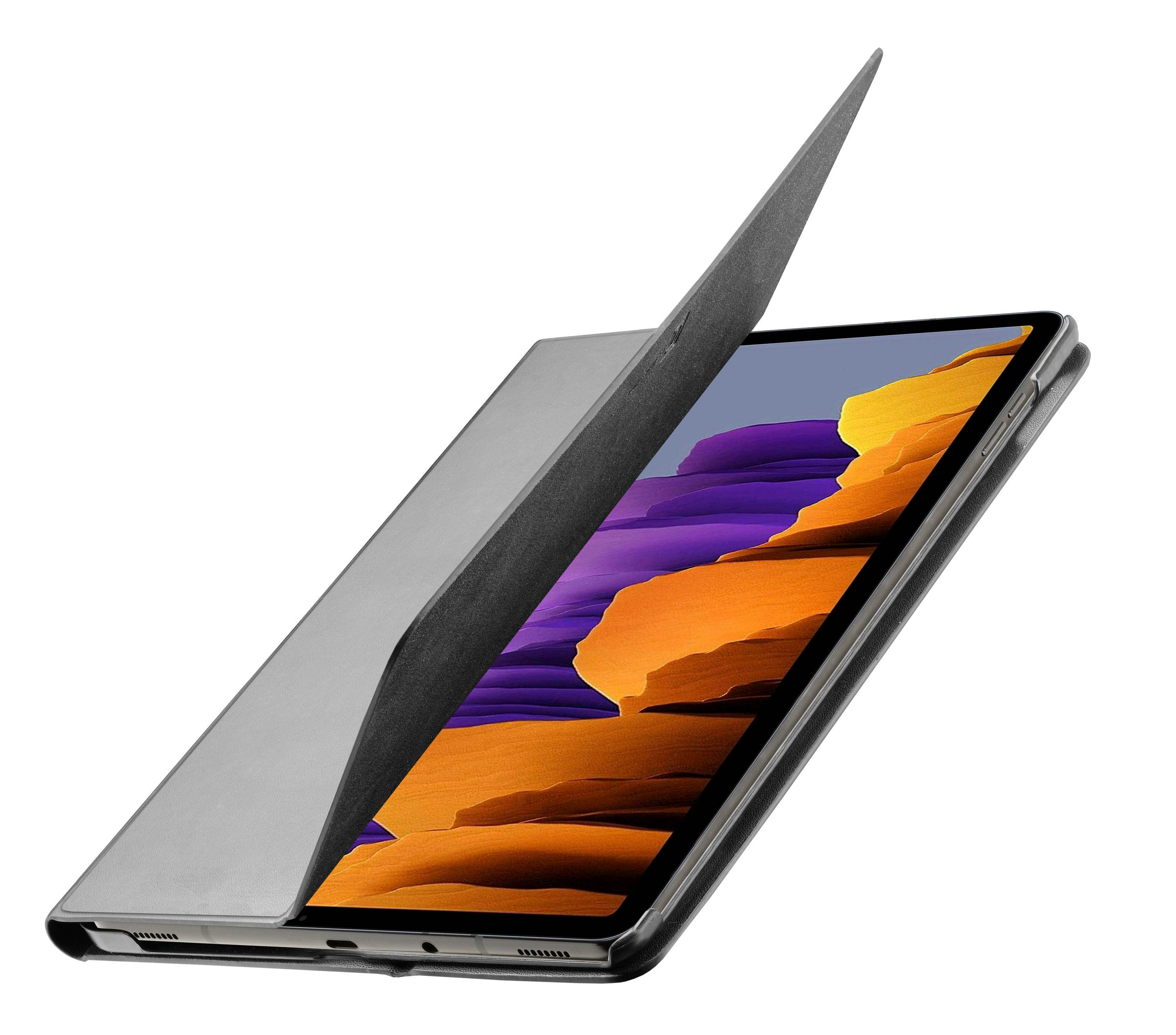 Tablet mit grauem Cover, das teilweise geöffnet ist und einen bunten Bildschirm zeigt.