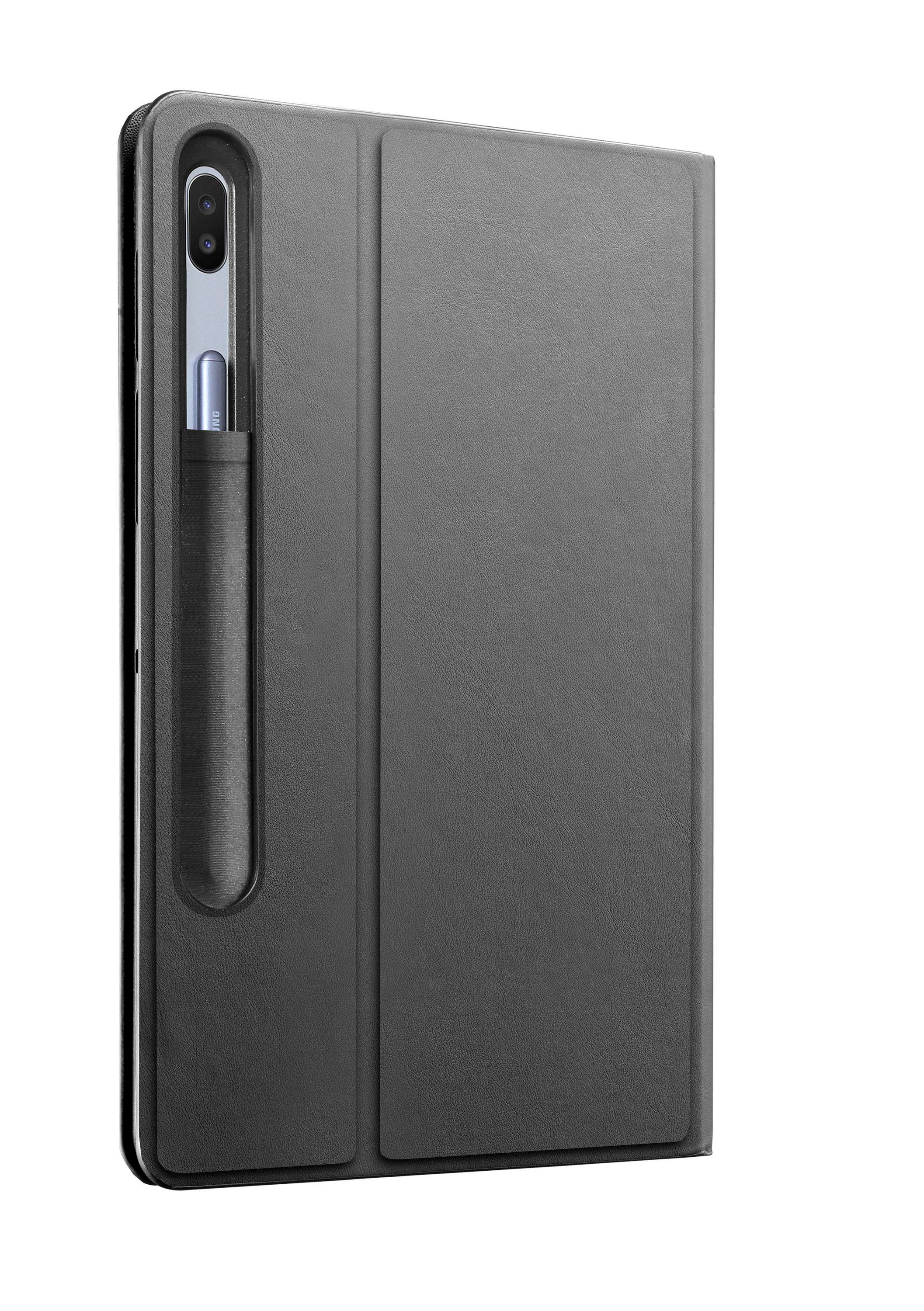 Eine Tablet-Hülle mit Stifthalter und einem Stift darin. Die Hülle ist grau und der Stift ist silber und blau.
