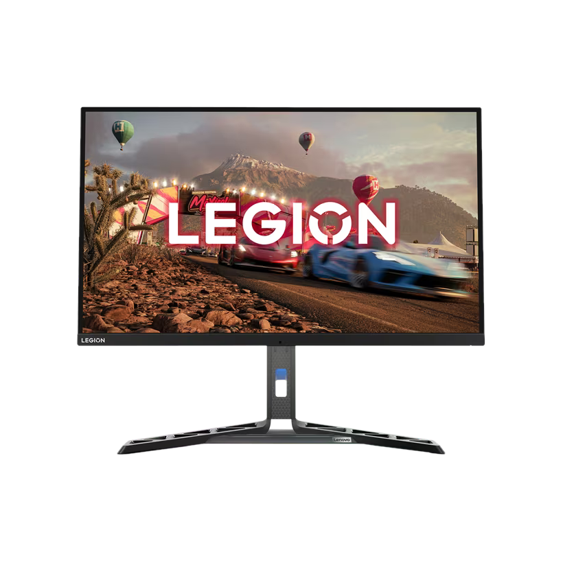 Un écran de jeu affiche un jeu de course avec le mot LEGION à l'écran. Le moniteur a une base noire.